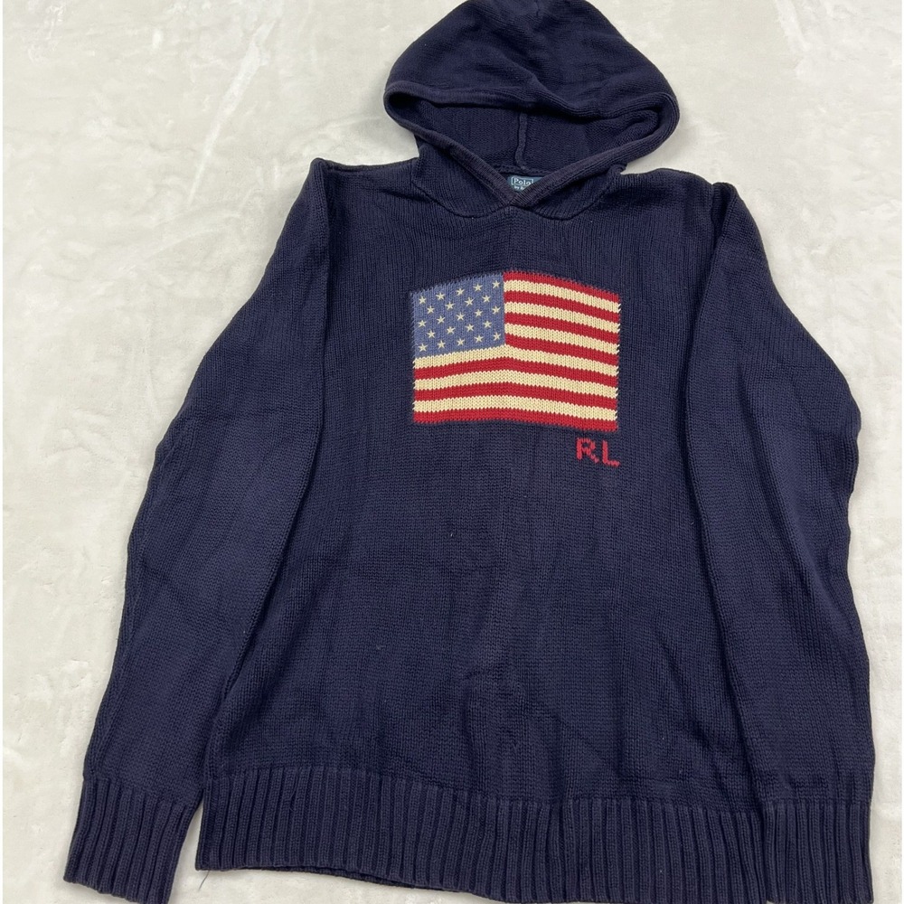 Polo Ralph Lauren American Flag Knit Hoodie Boys XL 18-20 Navy Blue Cotton RL